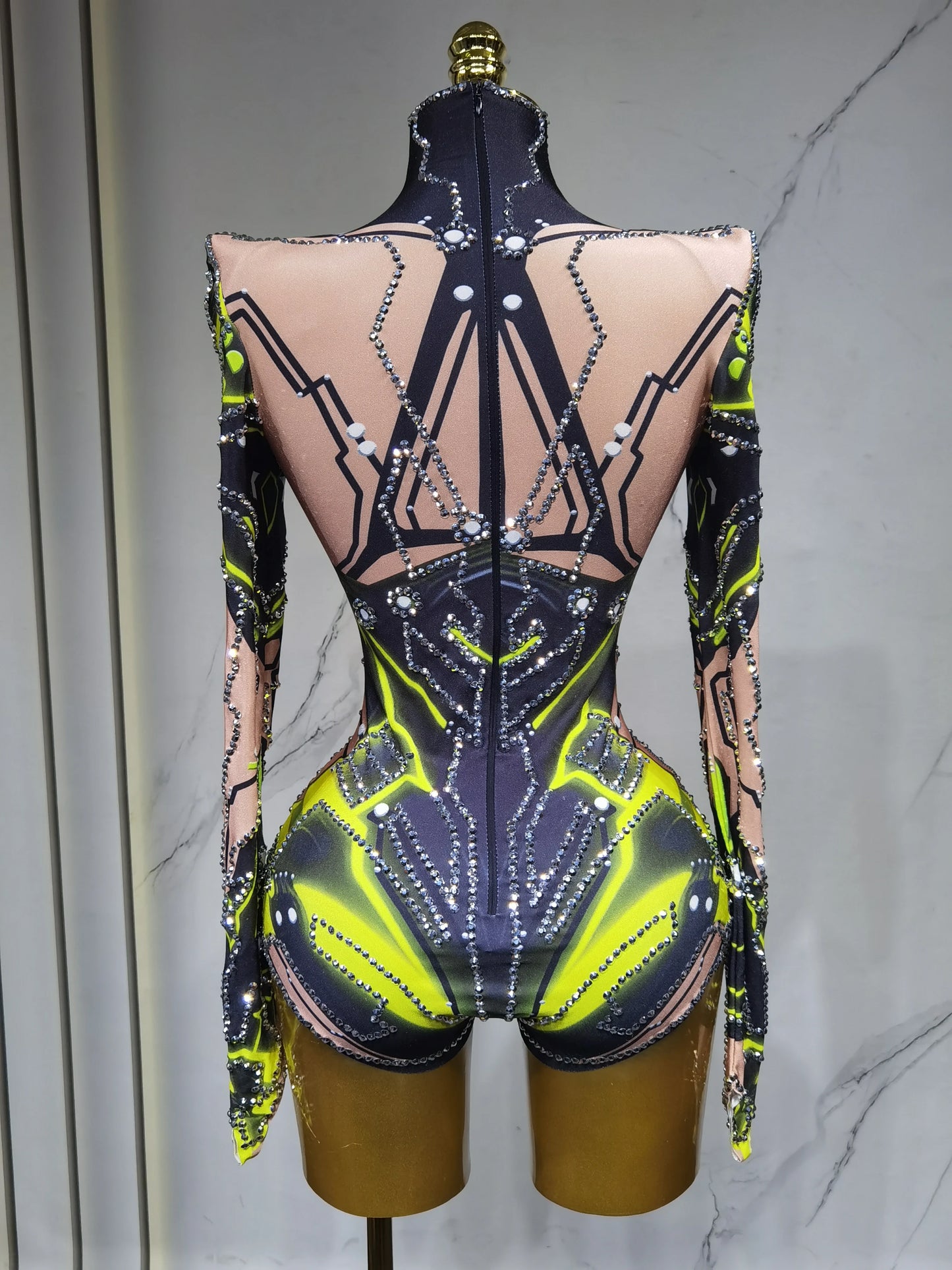 Sparkling Rhinestone Hollow-Out Long Sleeve Stage Formal Stage Performance Skin Tight Bodysuit