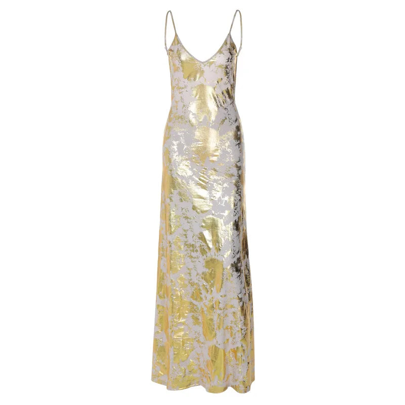 Gold Metallic Fragmented Bodycon Backless Stamped Party Dress