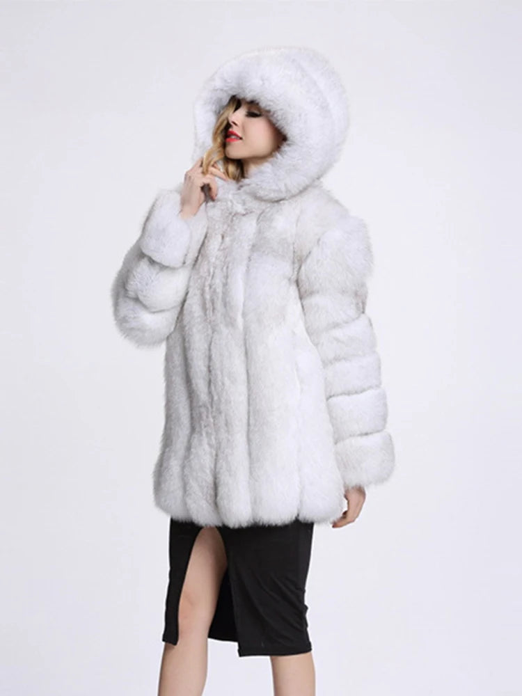 Silver Faux Fur Ladies Hooded Midi Coat to 4X