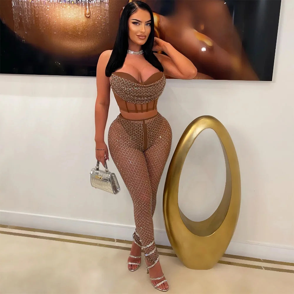Metallic Rhinestone Mesh Women's Crop Bra + Transparent Sheer Leggings 2-Piece Set