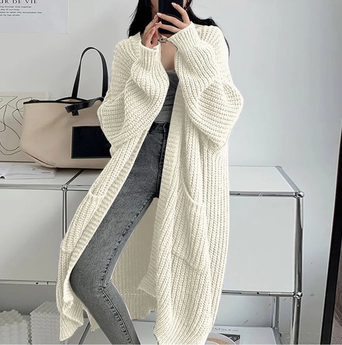 Oversized Cable Knitted Open Front Loose Women's Maxi Cardigan Sweater