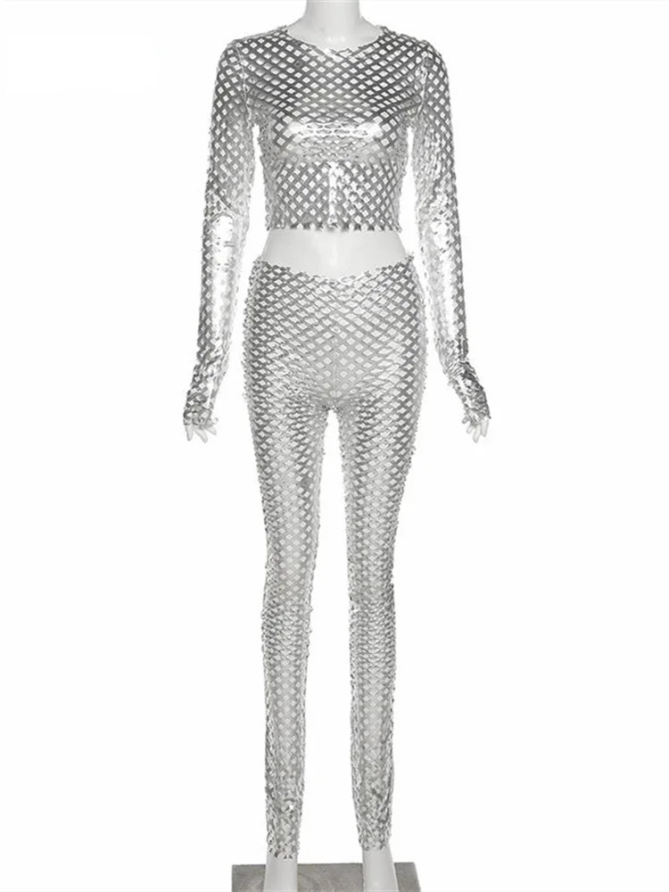 Silver Metallic Hollow-Out Hole Pattern Long Sleeve Crop Top + Streetwear Skinny Elastic Waist Pants 2-Piece Set