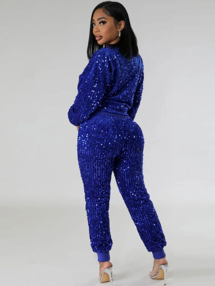 Sparkling Sequined Long Sleeve Top + Matching Elastic Pants 2-Piece Set