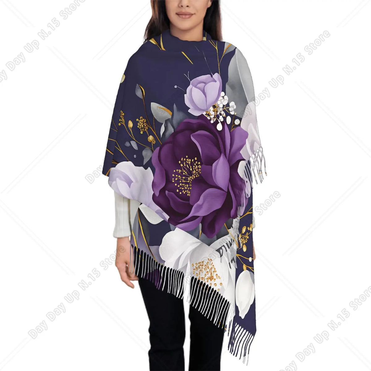 Oversized Heart Breast Cancer Awareness Pink Ribbon Print Tassel Fringe Shawl Scarf