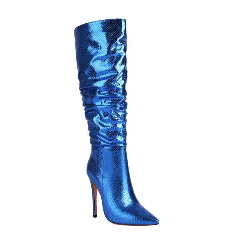 Metallic Pleated Snake Pattern Solid Leather Pointed Toe Knee High Thin Heel Boots