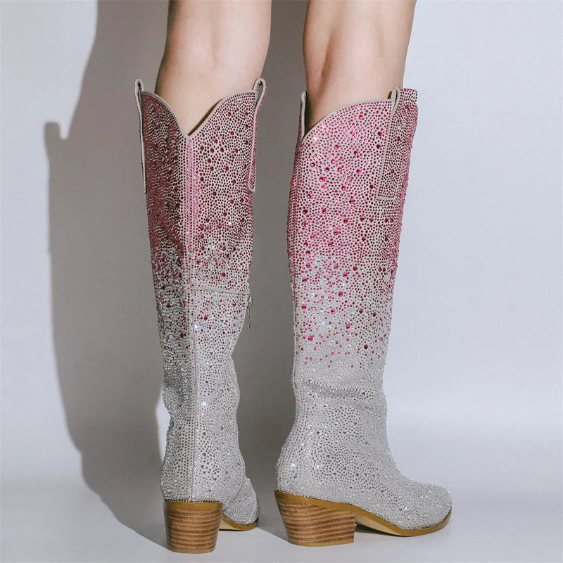 Rhinestone Silver/Hot Pink Gradient Glitter Ombre Pointed Toe Knee-High Western Cowgirl Block Heel Boots