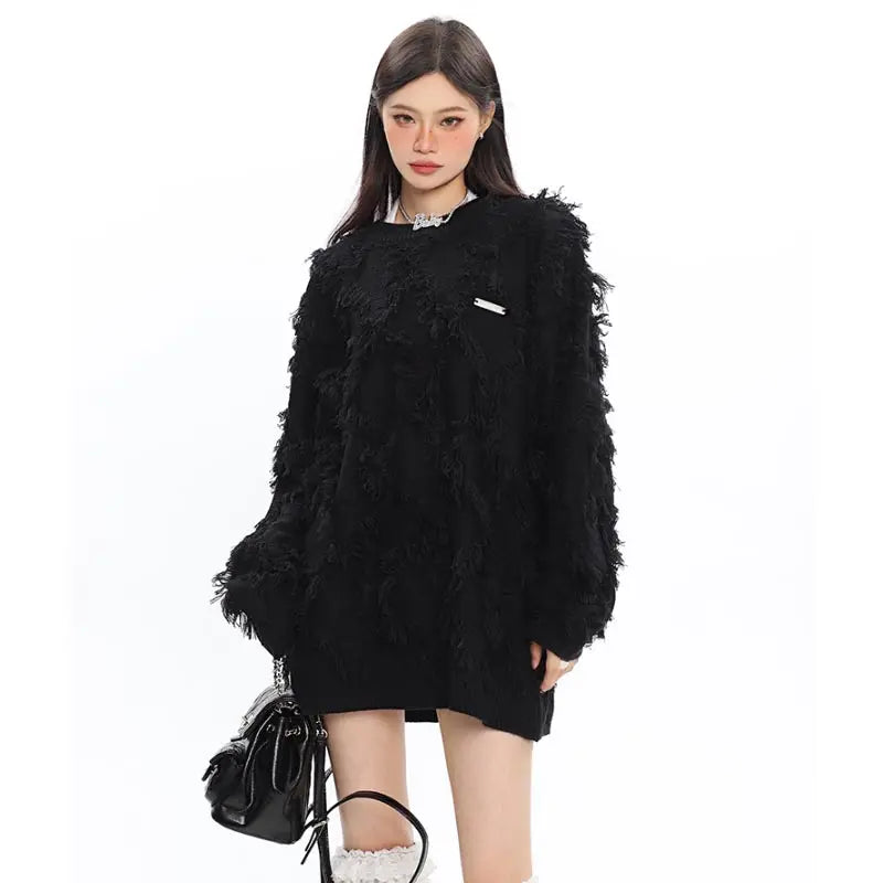 Oversized Fringe Tassel Design Knitted Women's Streetwear Loose Pullover Loose Sweater