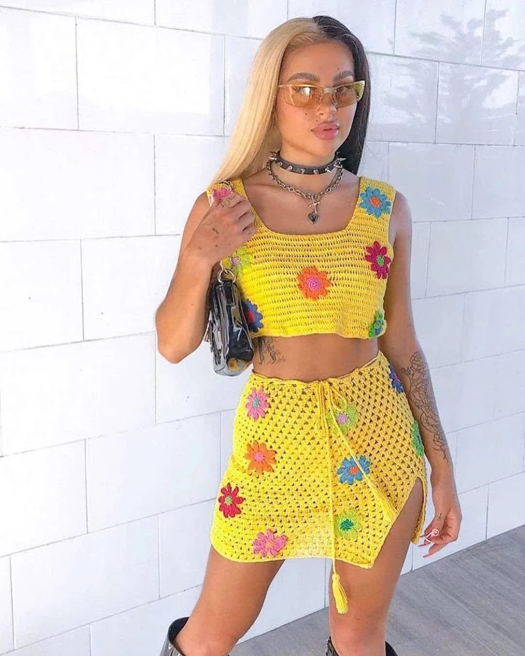 Crochet Big Flower Pattern Knitted Women's Sweater Tank Top + Drawstring Mini Skirt 2-Piece Set