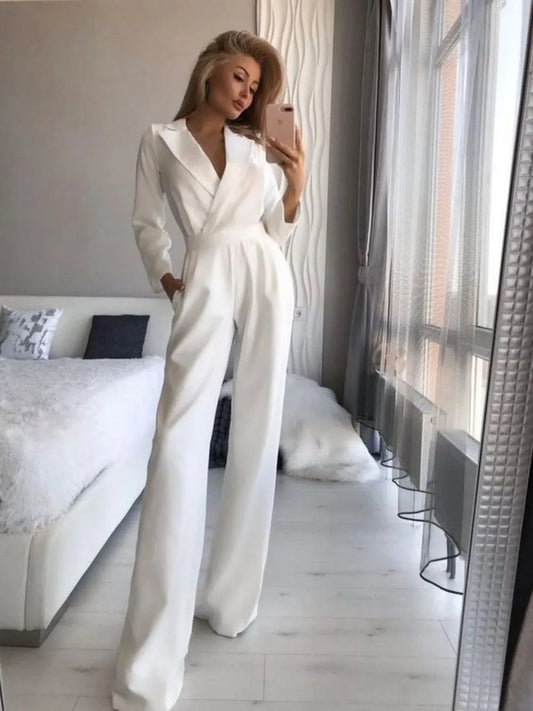 Solid Color Deep V-Neck Formal Office Loose Long Sleeve Wide Leg Pants Jumpsuit