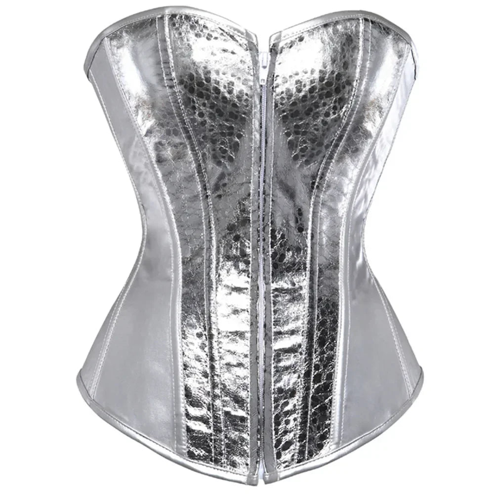 Metallic Solid Color Women's Faux Leather Bustier Lace-Up Back Boned Corset To 6X Plus Size