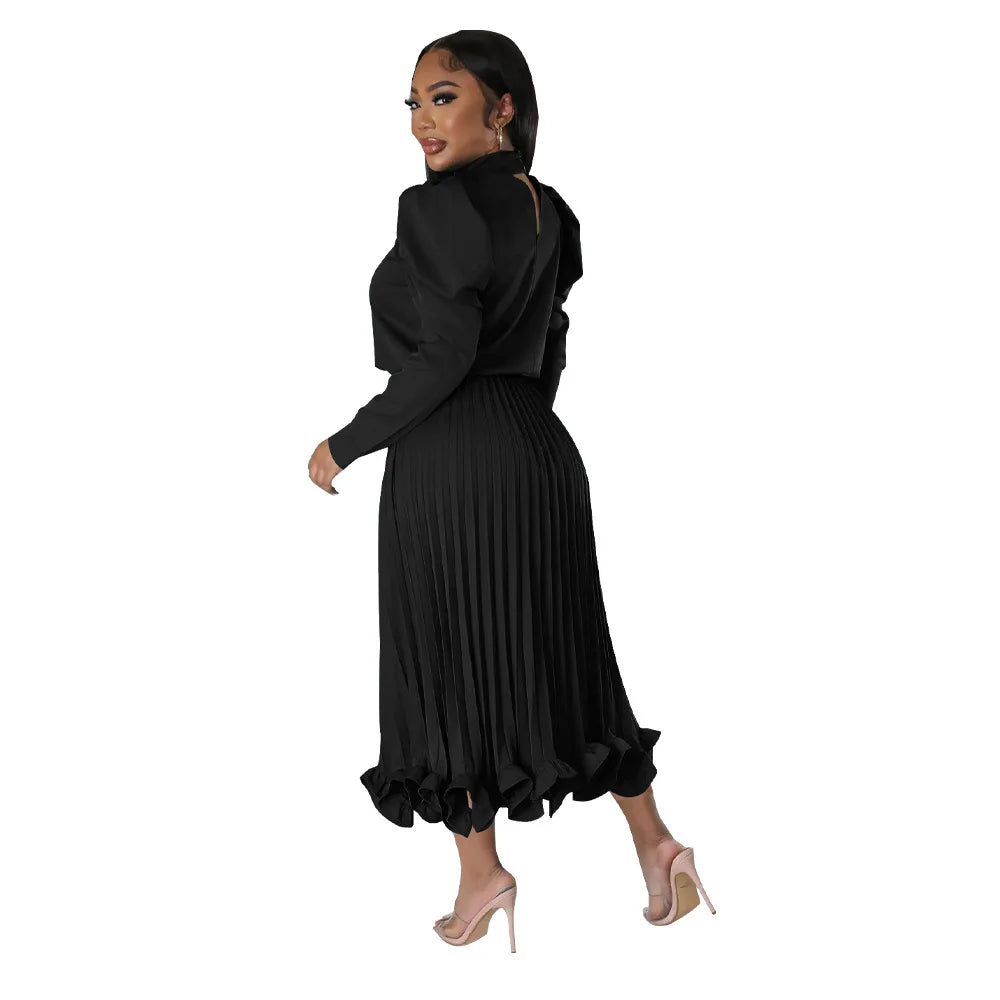 Women’s Solid Color O-Neck Lantern Sleeve Blouse + A-Line Flounce Formal Pleated Maxi Skirt w/ Sash Belt 2-Piece Set
