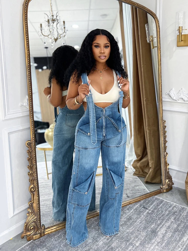 Denim Overall Design Women's Cargo Multi-Pocketed Wide Leg Jean Jumpsuit
