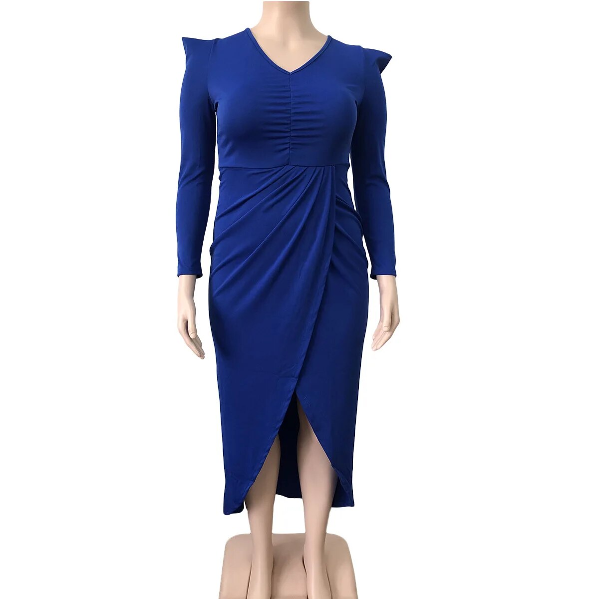 Plus Size Long Sleeve Deep V-Neck Bodycon Wrap w/ Front Slit Dress to 5X