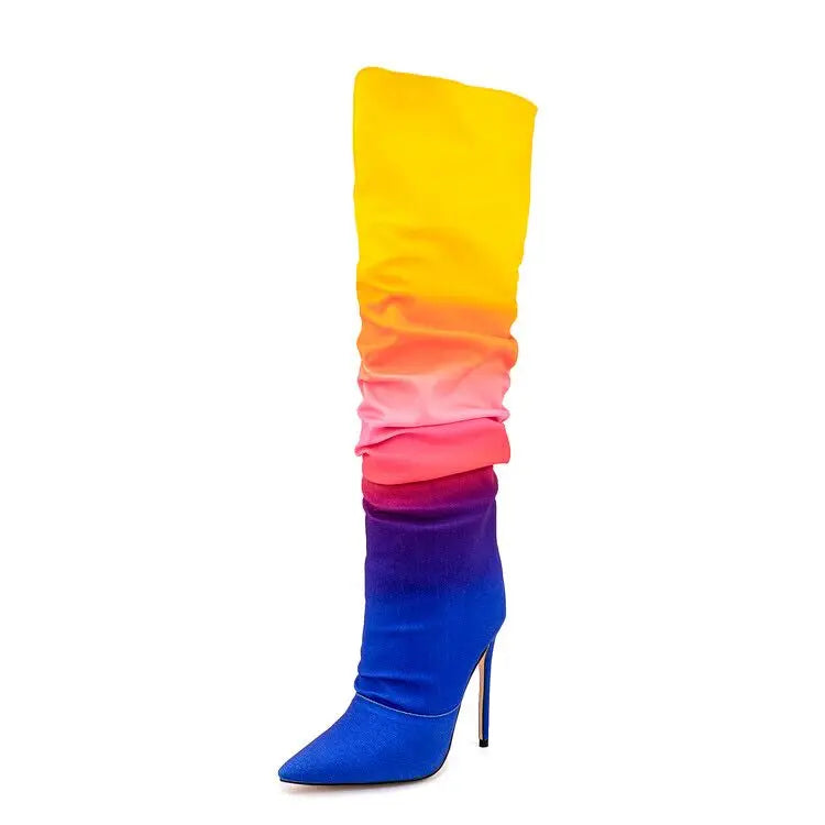 Rainbow Gradient Ruched Pointed Thin Heel Women's Stacked High Heel Boots