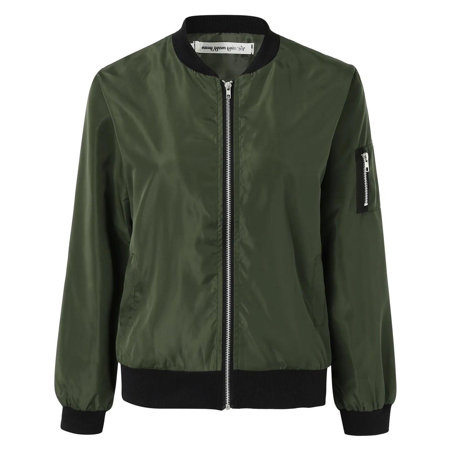 Mandarin Collar Women's Zipper Cargo Pocket Sleeve Design Bomber Jacket