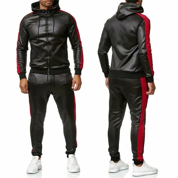 PU Leather Men's Side Striped Hooded Jacket + Matching Joggers Tracksuit