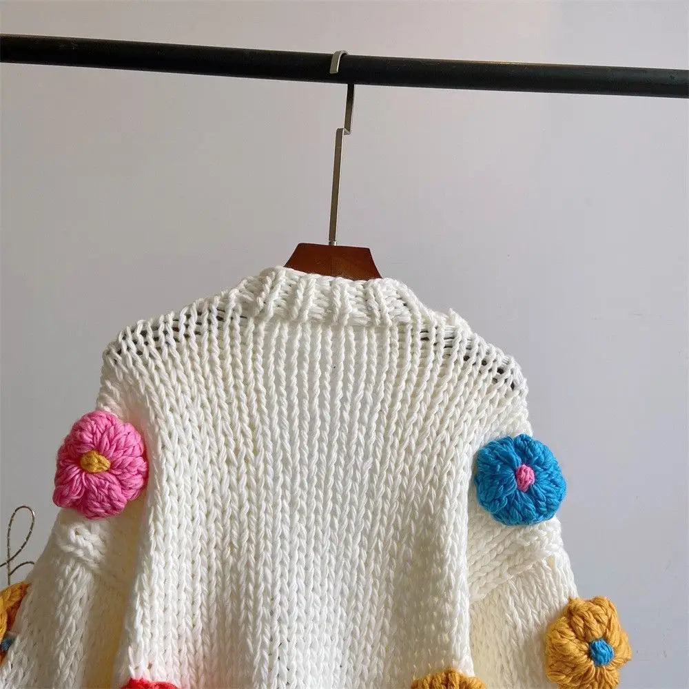 White Wool Crochet Big Flower Embroidered Design Women's Cardigan Sweater