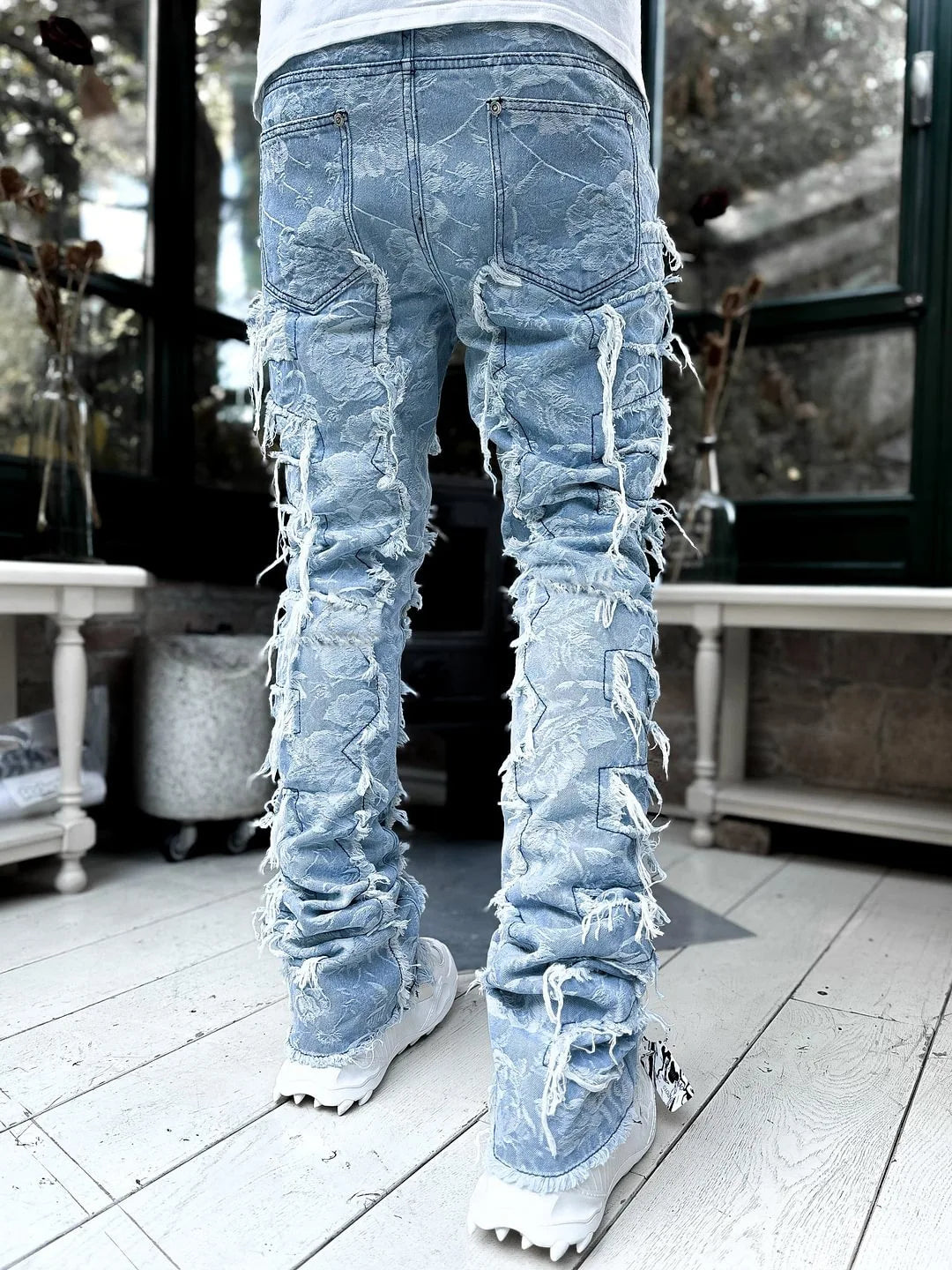 Men's Denim Fringe Ripped Hip-Hop Stretch Stacked Elastic Waist Straight Patchwork Jeans