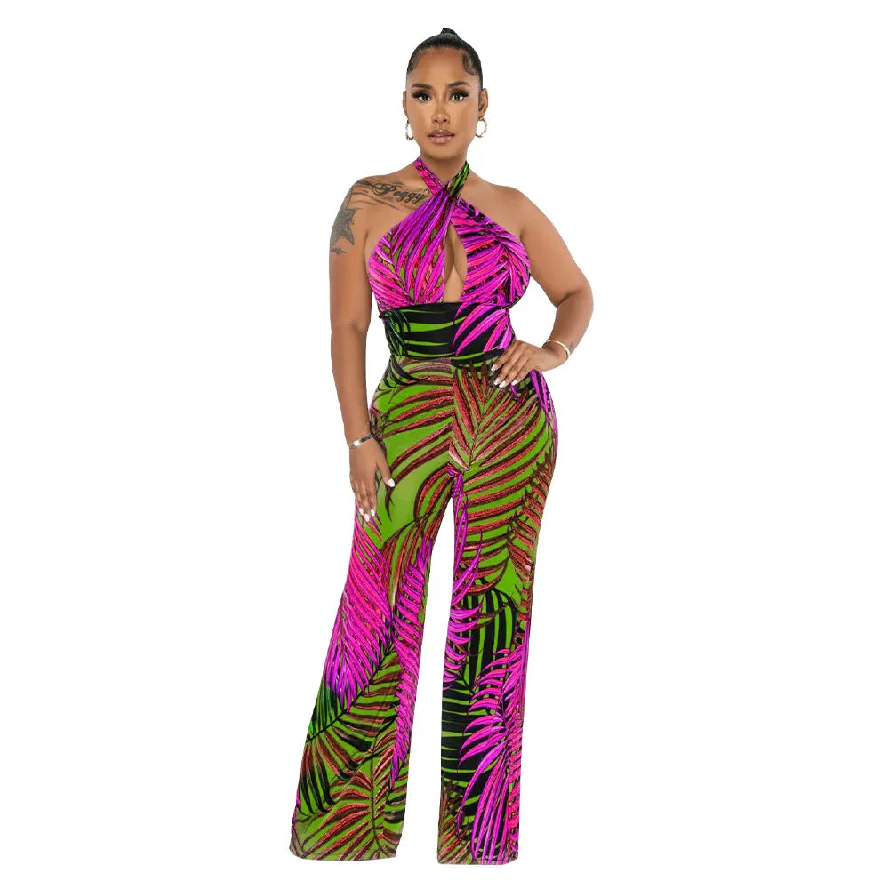 Tropical Print Hollow-Out Halter Strap Backless Sleeveless Jumpsuit