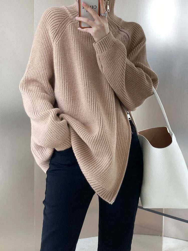 Solid Women's Turtleneck Zipper Oversized Sweater