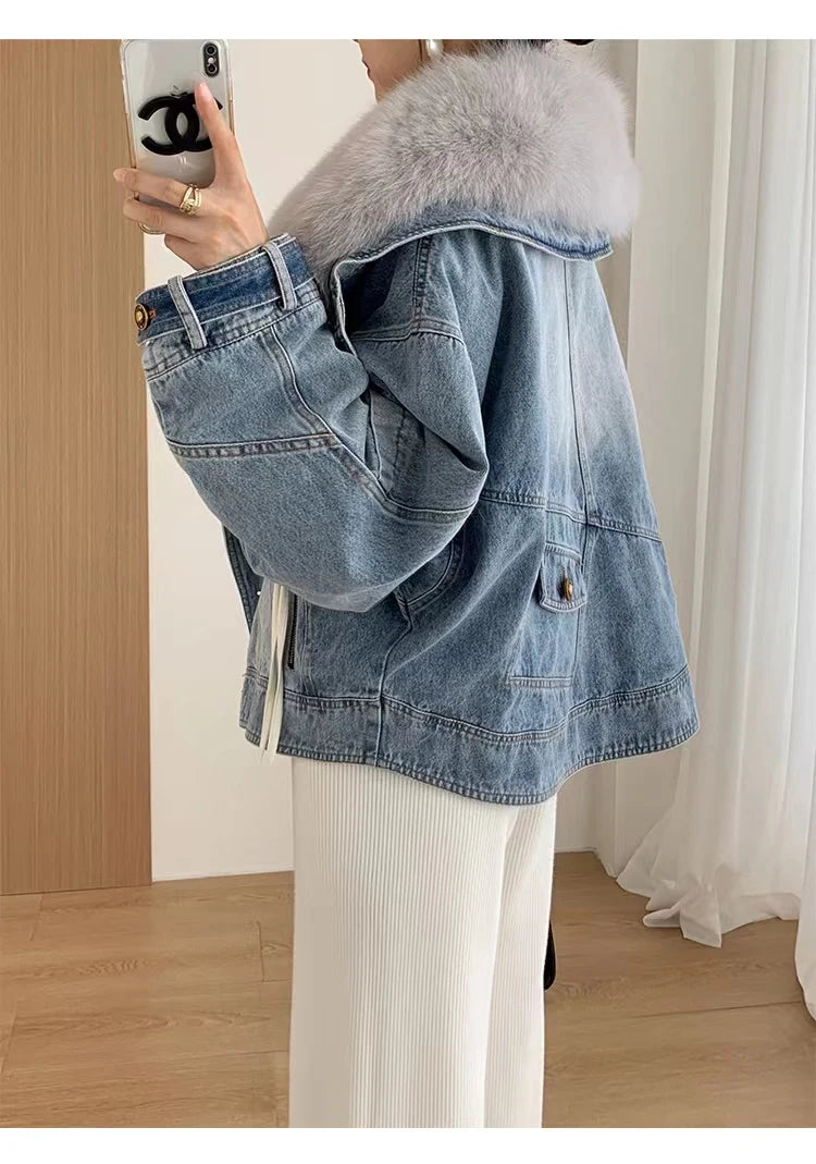 Denim Oversized 100% Real Fox Fur Collar Short Women's Goose Down Puffer Jean Jacket