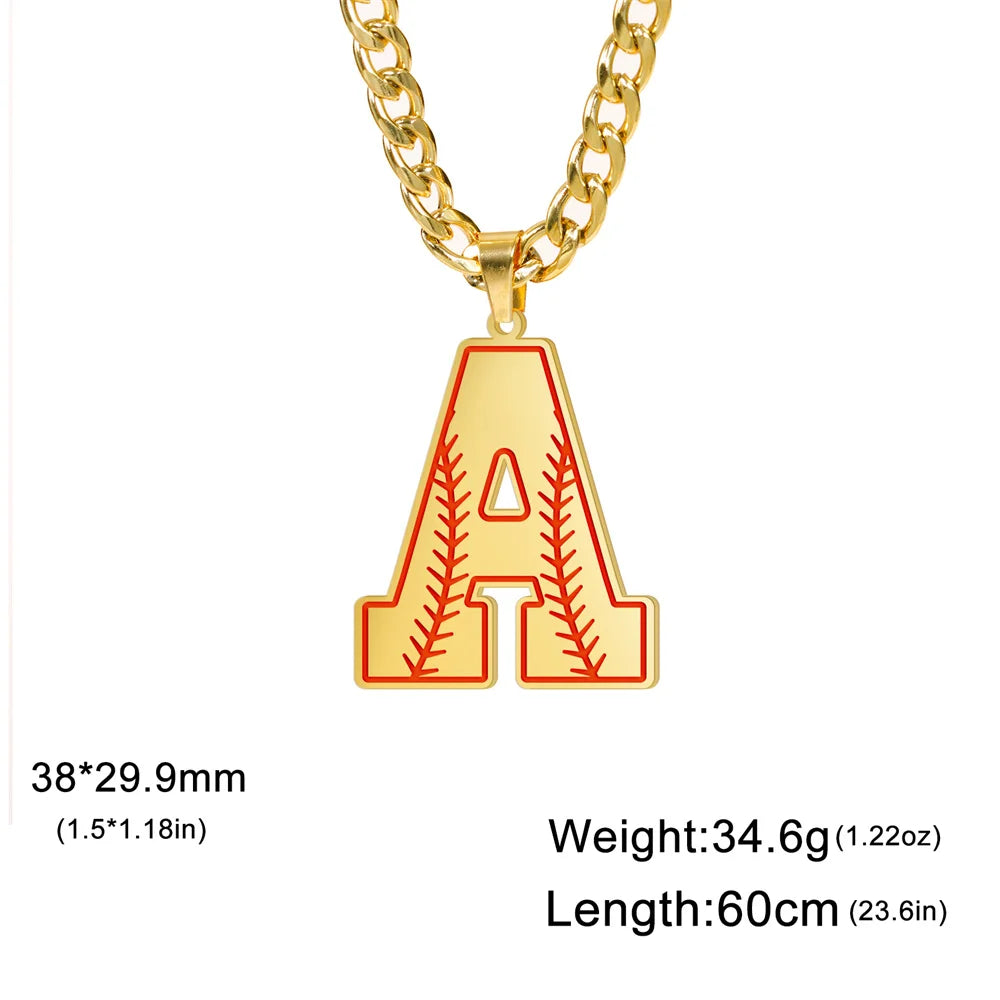 Baseball Pattern Sports Alphabet Initial Pendant Cuban Chain