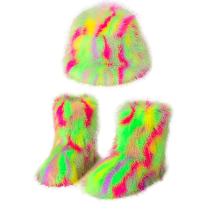 Faux Fur Tie-Dye Print Ladies Plush Slip on Ankle Snowboots + Matching Bucket Hat 2-Piece Set