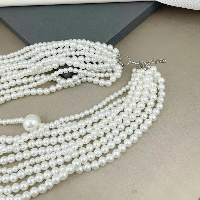 Multi-Layer White Big Pearl Women's Tassel Collar Bridal Choker Necklace