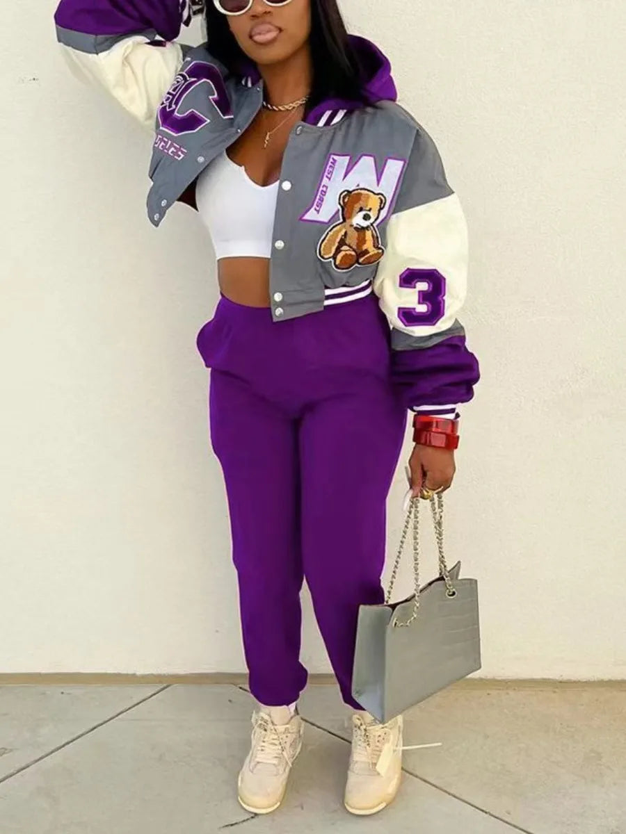 Purple/Grey Teddy Bear Embroidered Ladies Letter Print Cropped Letterman's Jacket w/ Sweatpants Tracksuit