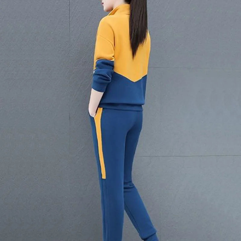 Colorblock Patchwork Turn-Down Collar Zipper Sweatshirt + Side Striped Sweatpants Women's Tracksuit