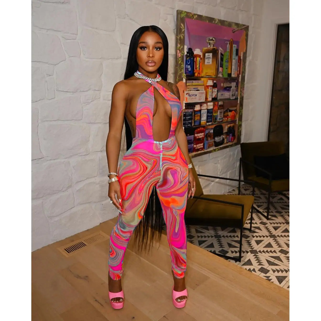 Swirl Print Mesh Sheer Transparent Sleeveless Women's Sexy Hollow-Out Backless Skin Tight Jumpsuit
