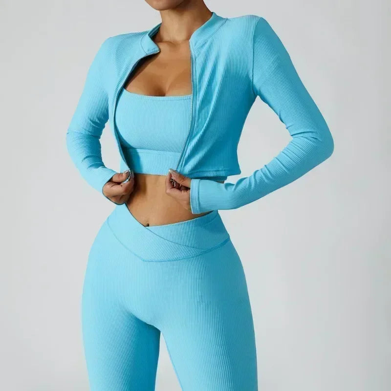 Gym Workout Women's 3-Piece Activewear Set: Cropped Long Sleeve Zipper Jacket, Sports Bra + Push Up Leggings