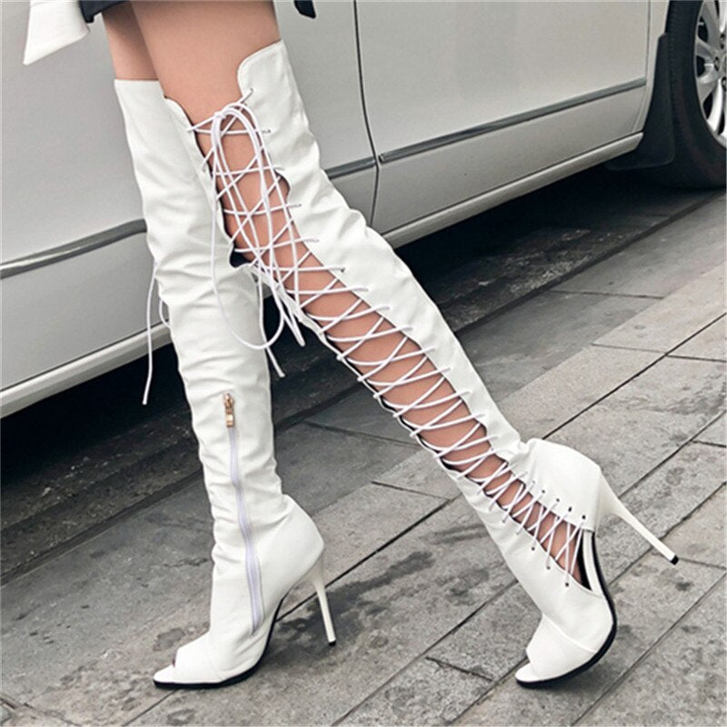 Hollow Out Ribbon Lace Up Over-the-Knee Gladiator Stiletto Heel Open Toe Boots