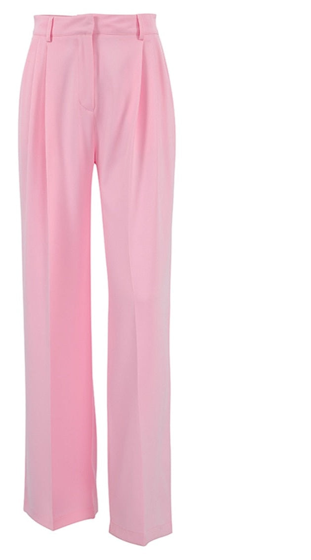 Pink Loose High Waist Long Solid Wide Leg Trouser Pants