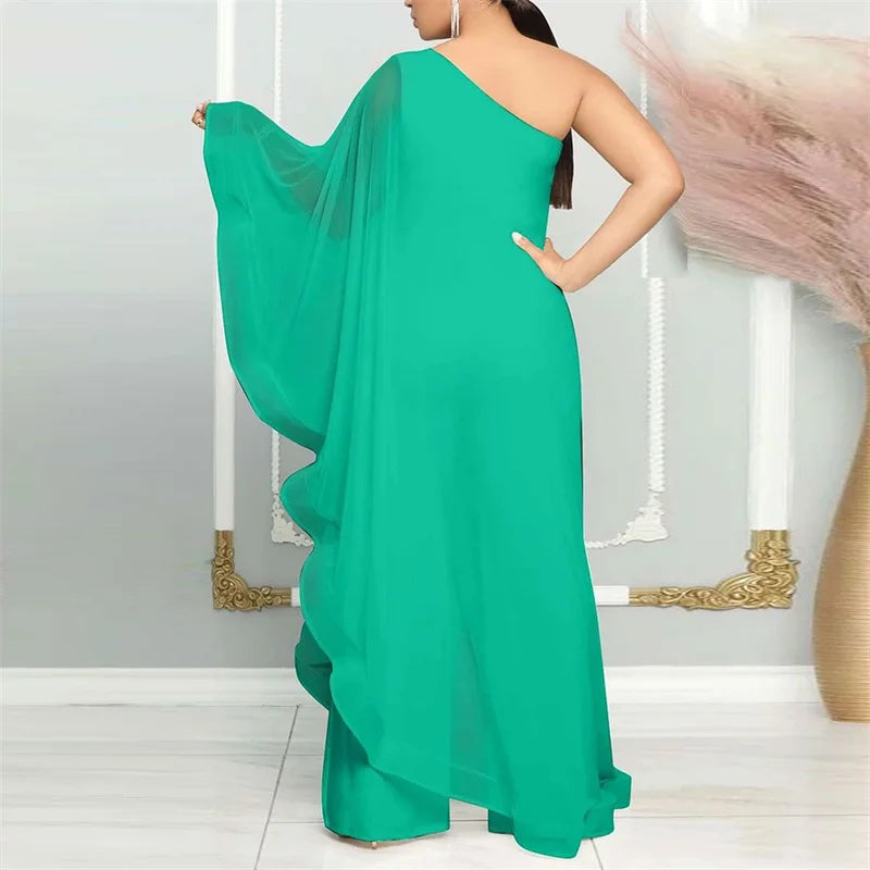 Asymmetrical Solid Color Oversized Chiffon One Shoulder Wide Leg Formal Jumpsuit to 3X