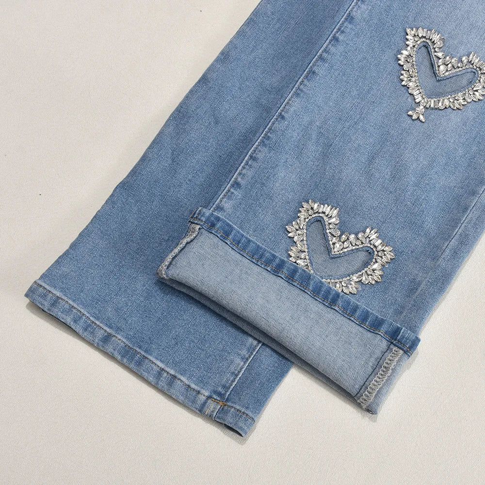 Women's Rhinestone Cut-Out Heart Design Patchwork Wide Leg Jeans