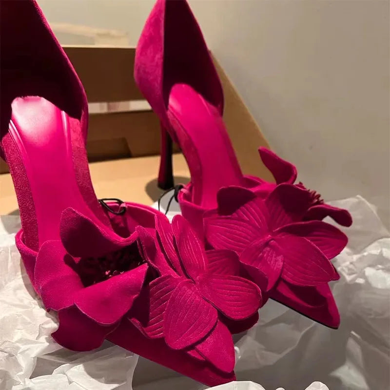 Oversized Rose Bowtie Detail Solid High Heel Pointed Toe Mule Pumps