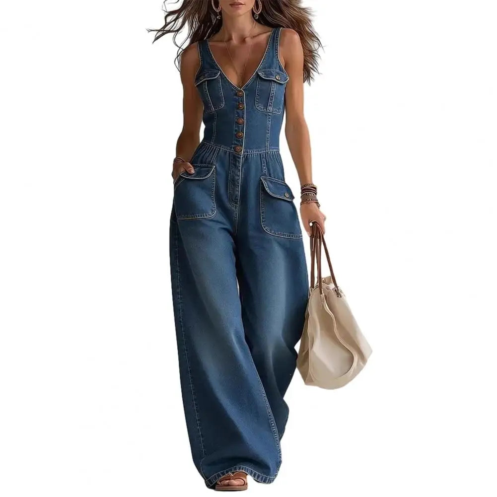 Denim Sleeveless V-Neck Women's Button-Up Wide Leg Baggy Cargo Pocketed Jeans Jumpsuit