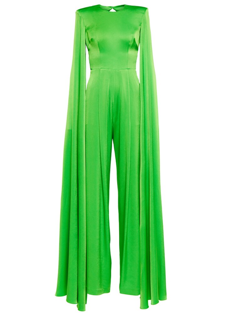 Silk Evening O-Neck Broad Shoulder Backless Hollow Out Jumpsuit