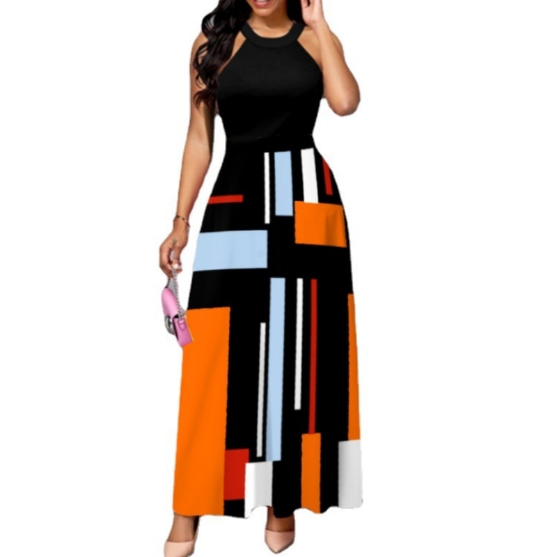 Abstract Geometric Colorblock Printed A-Line Halter Tank Maxi Dress to 5X Plus Size