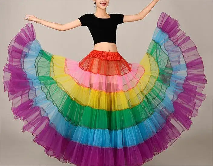 Rainbow Striped Print Oversized Multi-Layer Tulle Flared Big Swing Tutu Maxi Skirt