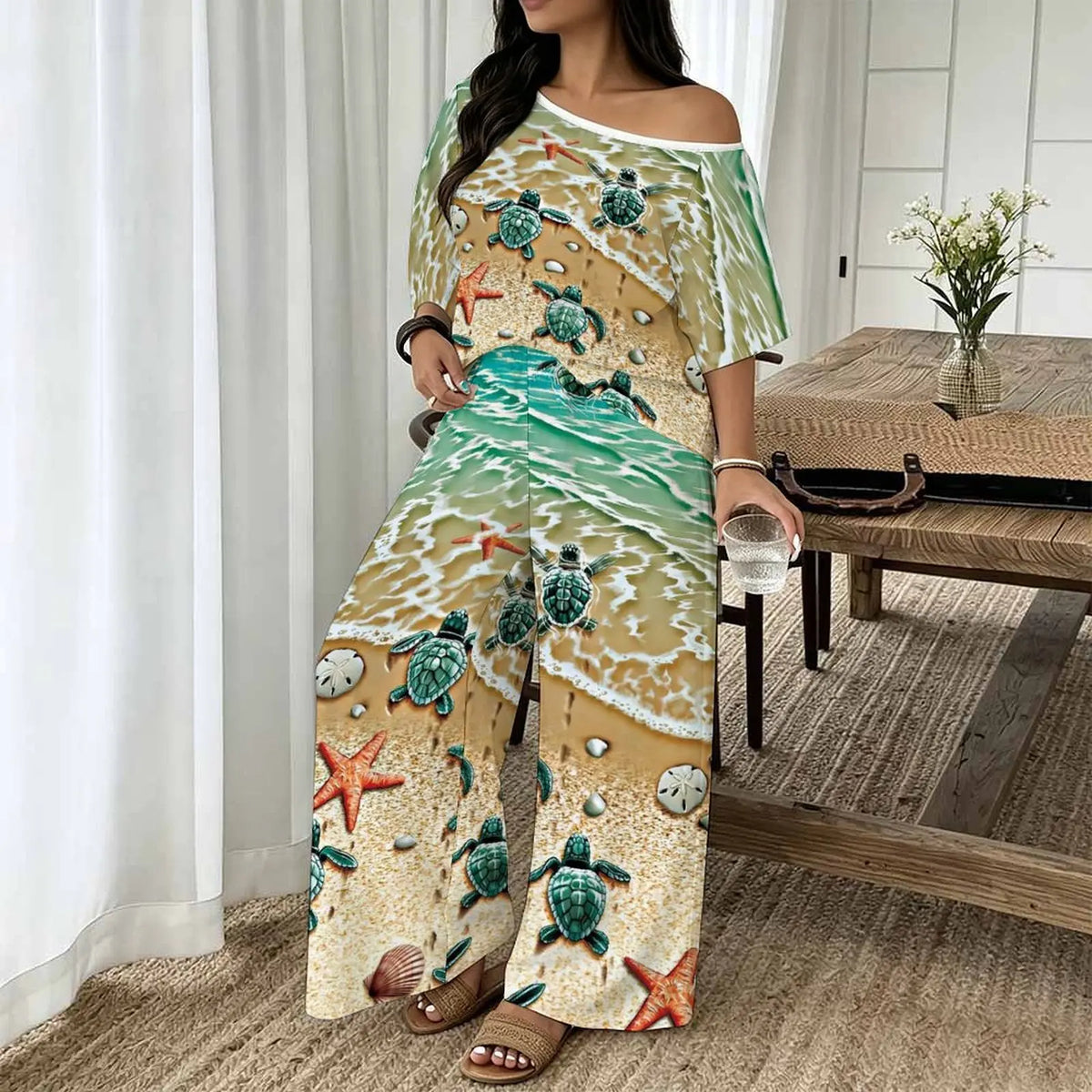 Printed Round Neck Short Sleeve Womens Top + Wide Leg Pants 2-Piece Set to 8X Plus Size