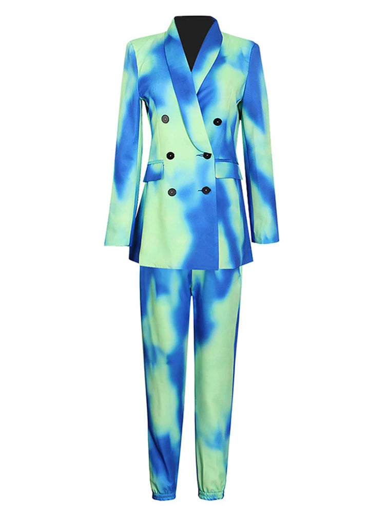 Tie-Dye Notched Collar Double Breasted Long Sleeve Blazer + Harem Pants Women's Suit