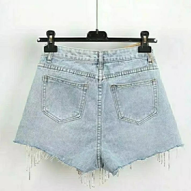 Silver Diamond Metallic Ripped Tassel Denim Jean Shorts