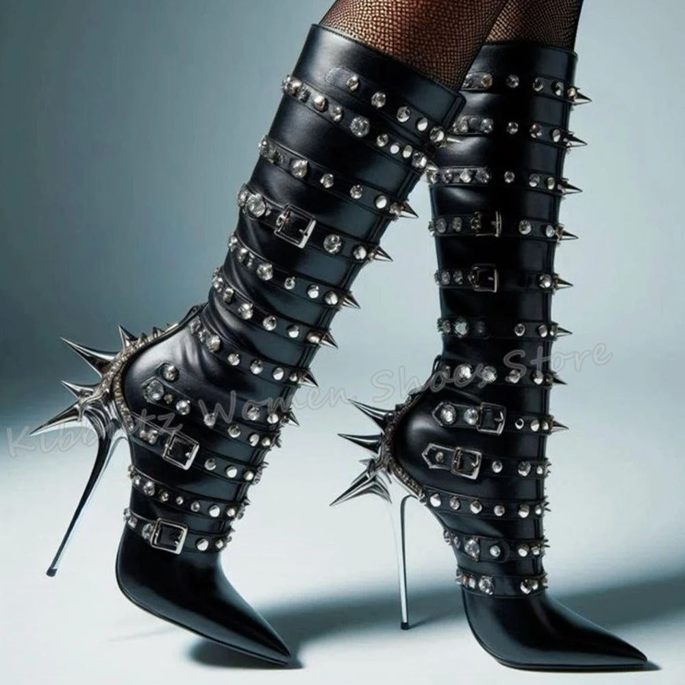 Black Buckle Strap Gladiator Metal Stud Spike Rivet Detail Genuine Leather Crystal Peep Toe Women's Stiletto Heel Boots