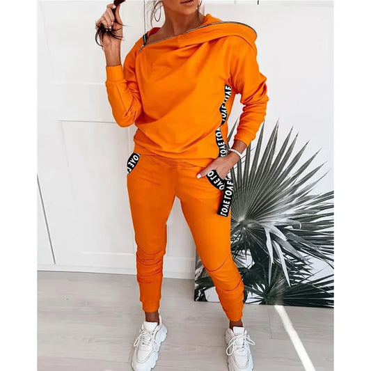 Inclined Collar Temperament Solid Long Sleeve Top + Sweatpants Ladies Tracksuit