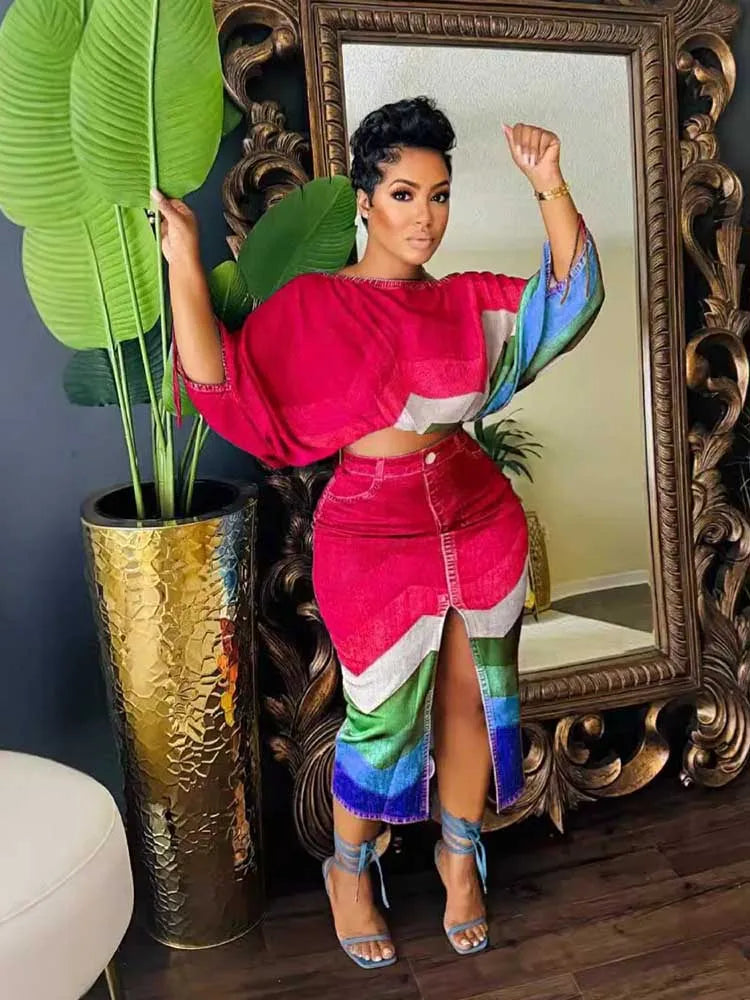 Mock Denim Striped Colorblock Slash Neck Women's Long Sleeve Crop Top + Open High Slit Skirt 2-Piece Set