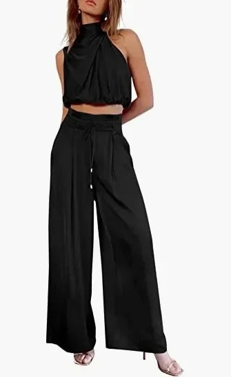 Sleeveless Turtleneck Ruched Crop Top + Bell Bottom Wide Leg Women's Pants 2-Piece Set