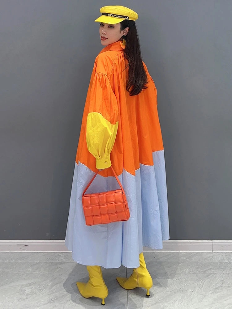 Colorblock Oversized Contrast Colored Long Lantern Sleeve Maxi Shirt Dress ONE SIZE