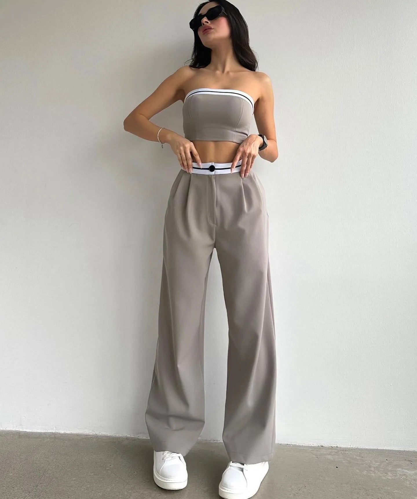 Striped Contrast Color Tube Top w/ Elastic Waist Wide Leg Long Pants 2-Piece Set